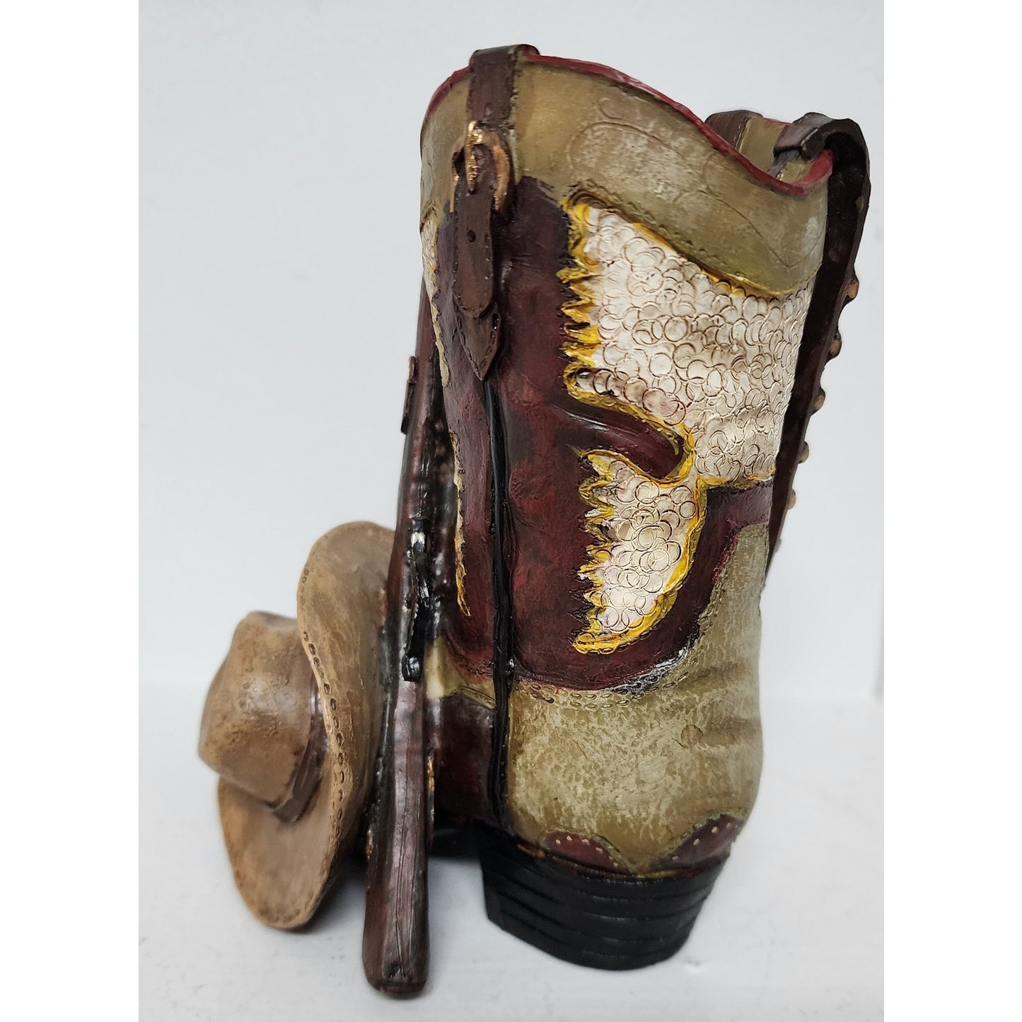 Vintage Handpainted Western Boot Figurine w/ Hat & Rifle Resin Hand Painted 5.5"