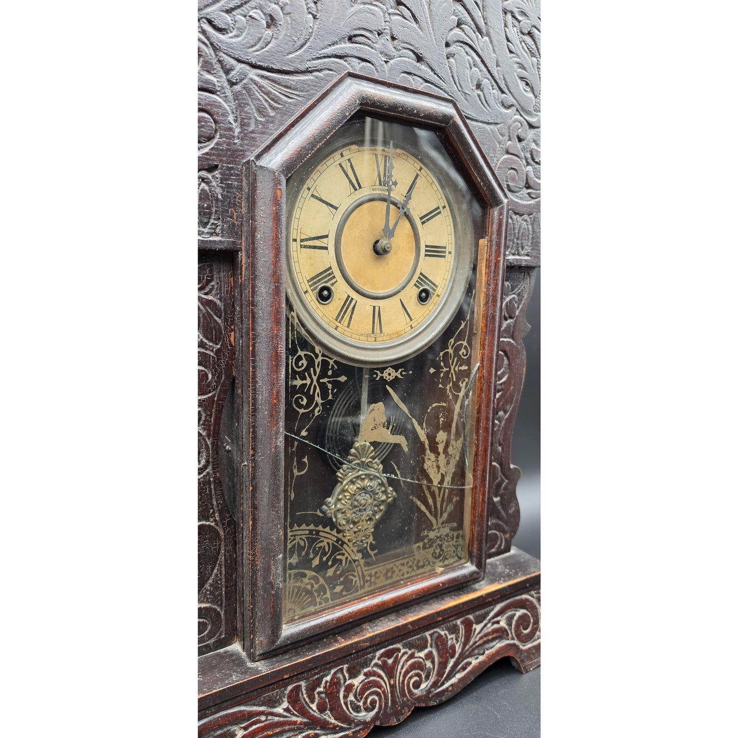 Vintage Sessions Regulator Clock Dual Wind Wood Case Ornate Carved w/ Key