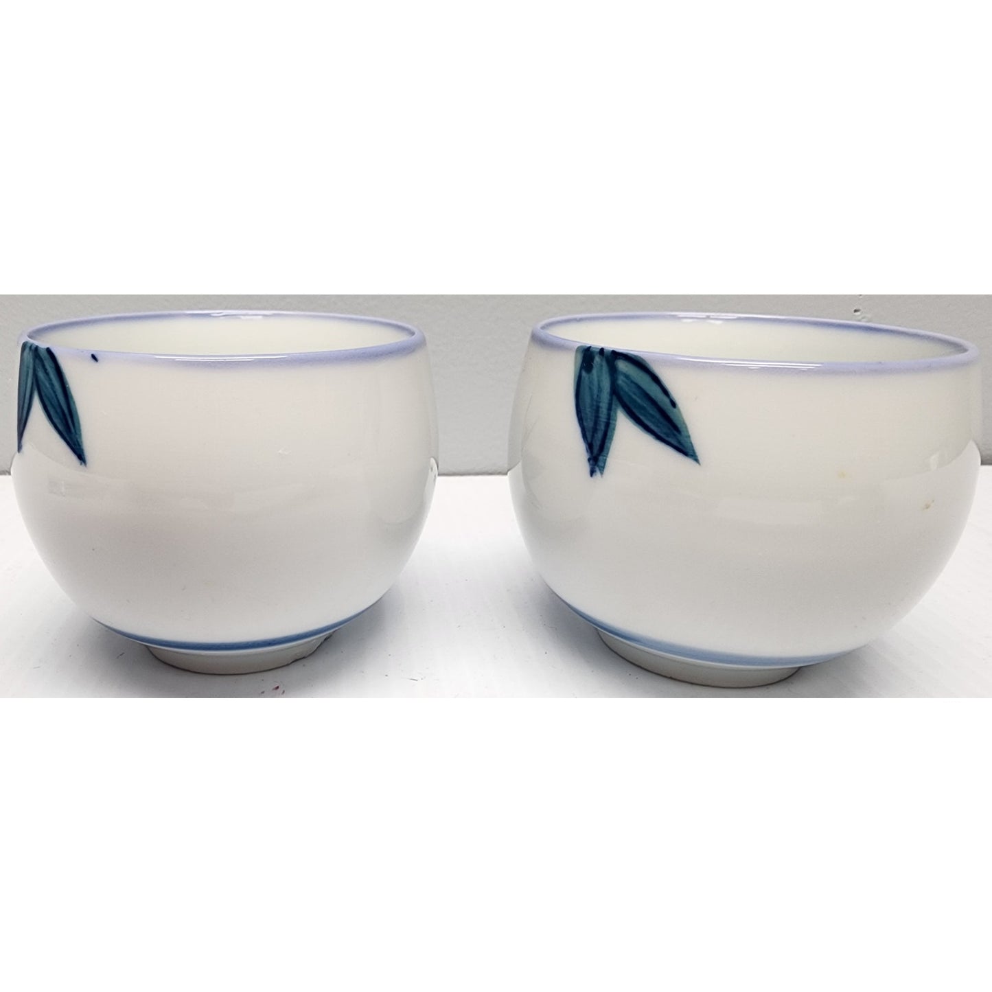 Vintage Japanese Porcelain Rice Bowls Set of 2 Blue Rim Hand Painted 3" Heavy