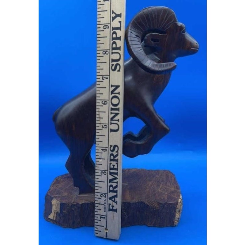 VTG Hand-Carved Solid Wood Ram Sculpture 9.75" Tall Heavy Folk Art Figurine