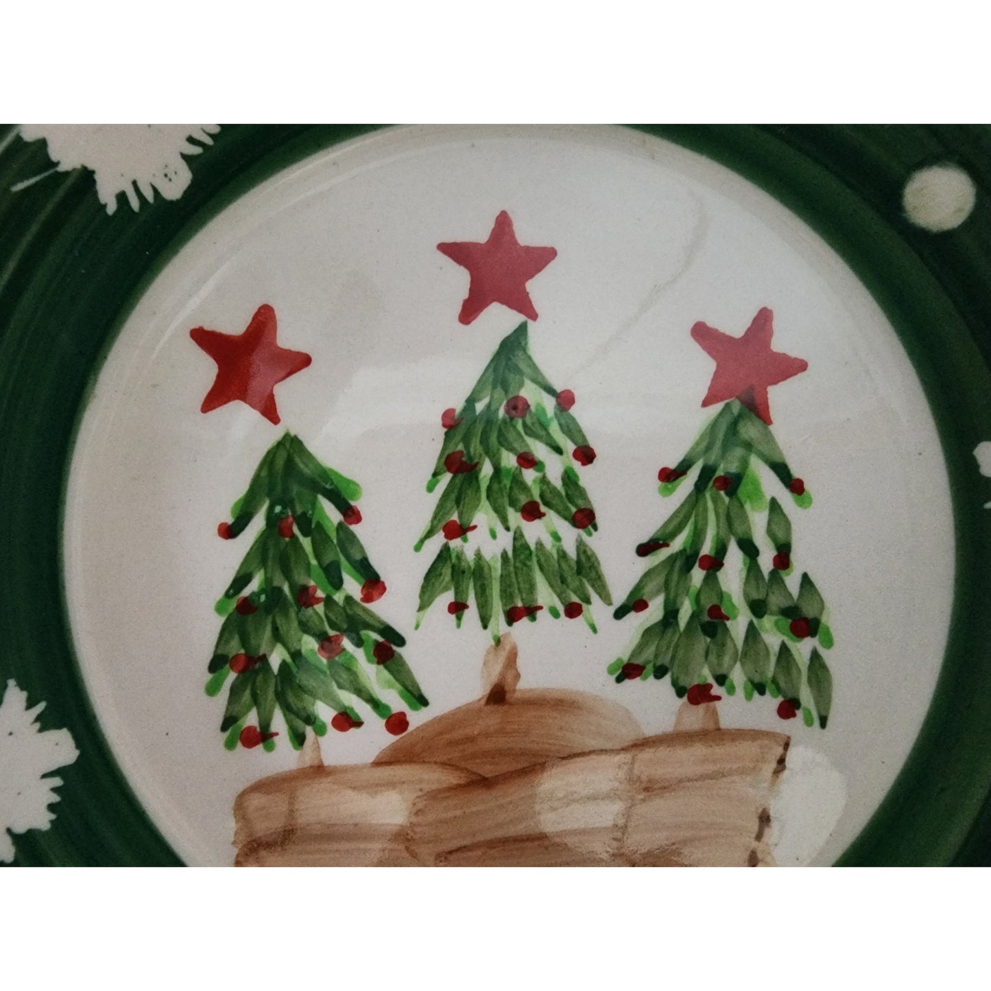 VTG Chinese Stoneware Christmas Dinnerware Set Hand Painted Trees 24 Pc - Rare