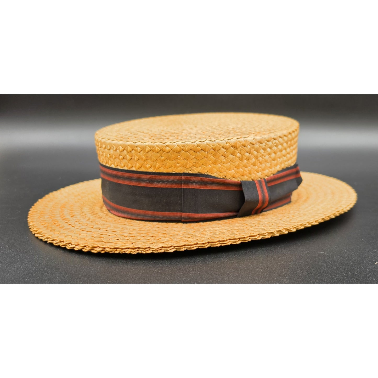 Vintage Dobbs Fifth Ave Tan Straw Boater Hat w/ Black & Red Ribbon 6oz - Nice