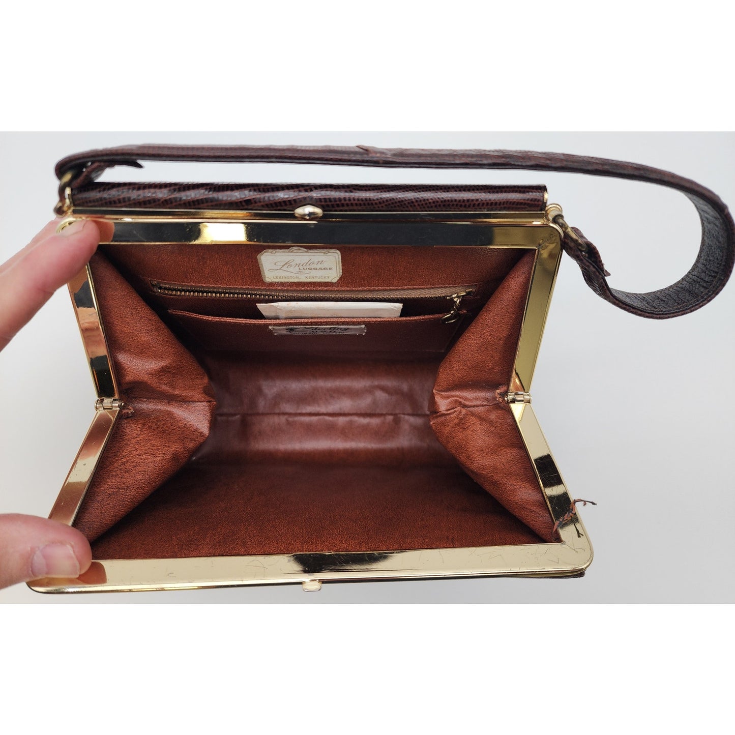 Sterling USA Genuine Lizard Handbag, Brass Accents, VTG London Luggage KY - Rare