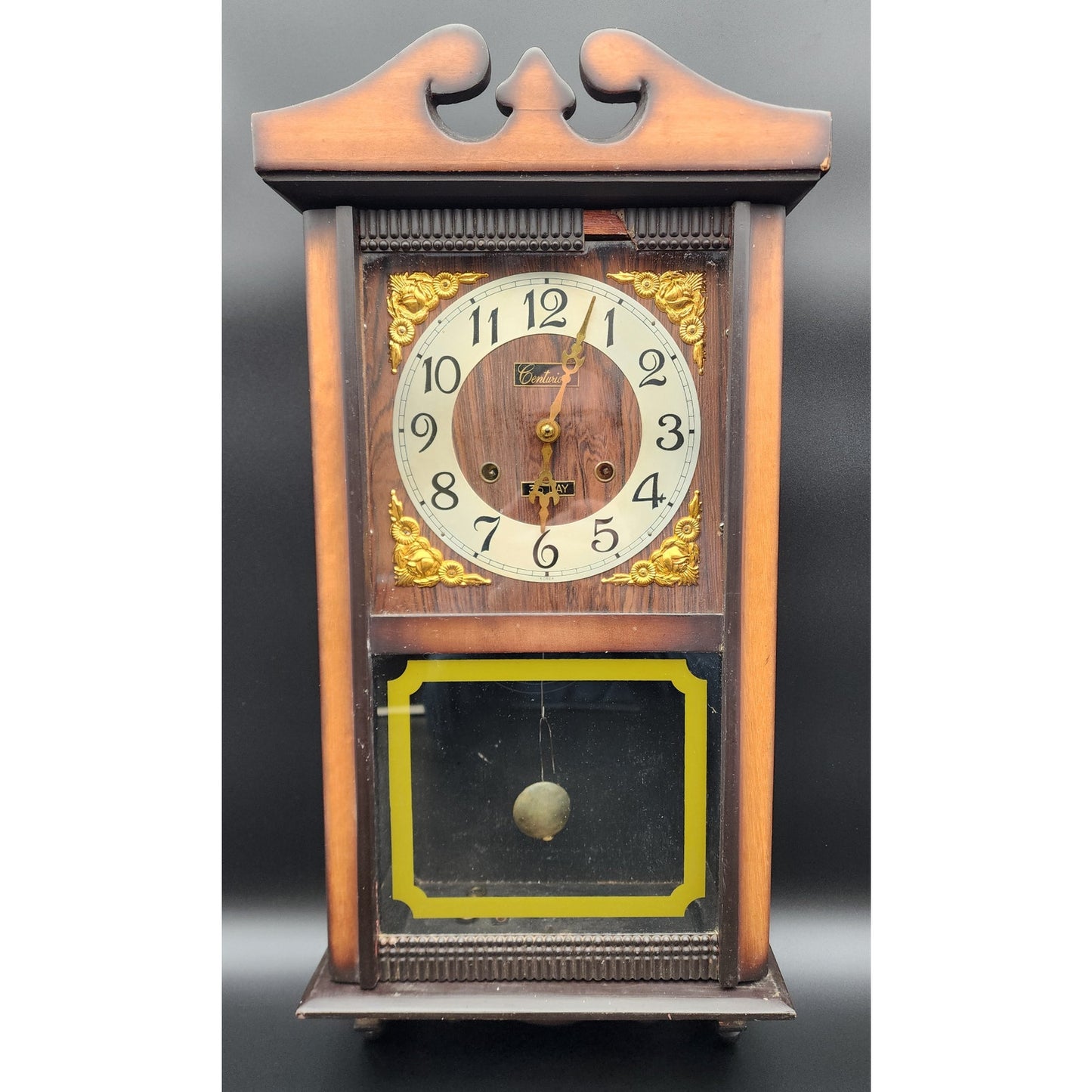 Vintage Centurion 35‑Day Regulator Clock* Korea Wood Case Brass Pendulum Key
