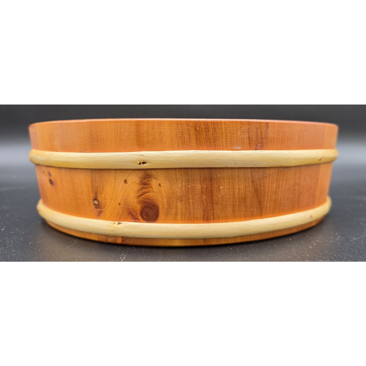 Vintage Japanese Wood Hangiri Sushi Oke Basin Bowl 10" Tray Bamboo Hoops Signed