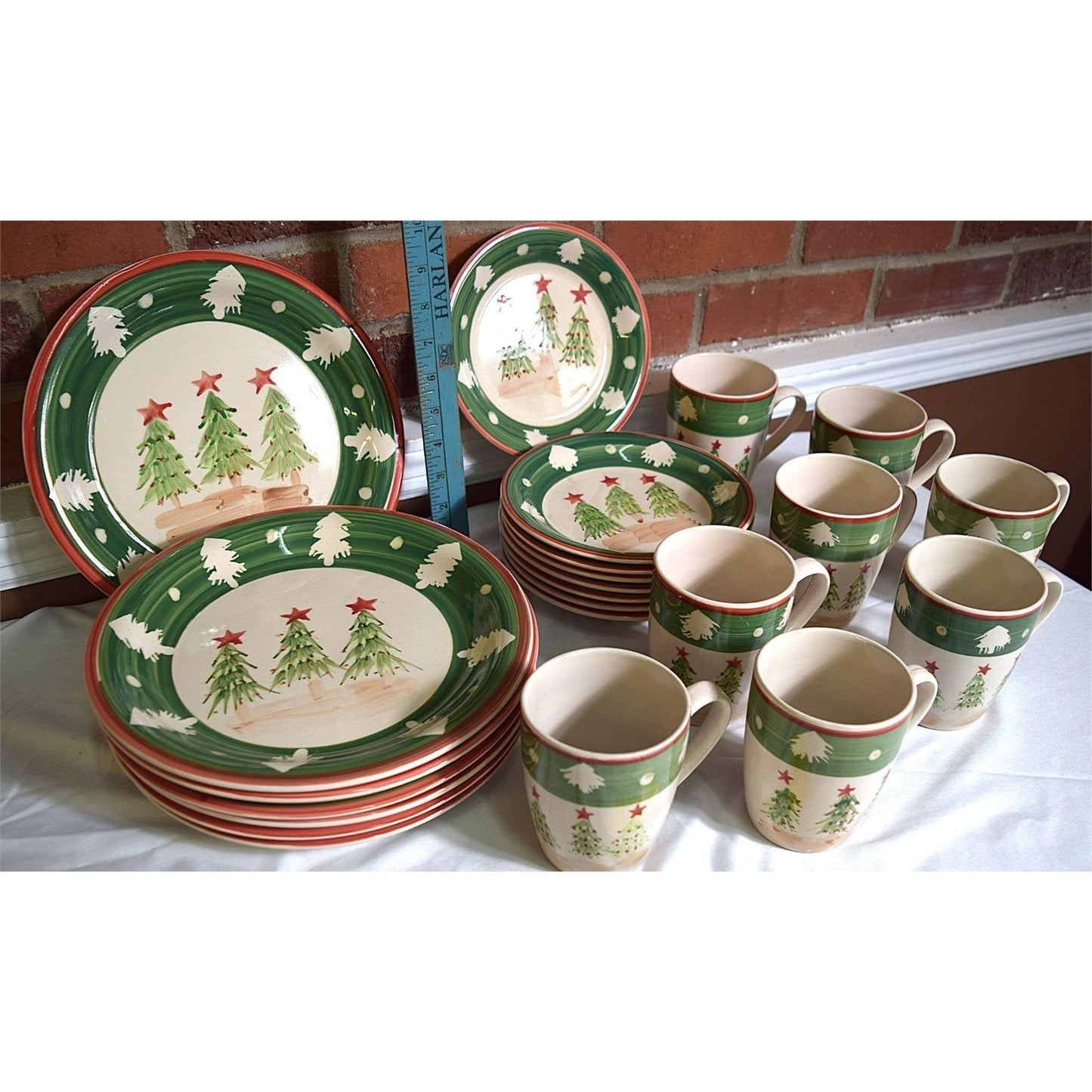 VTG Chinese Stoneware Christmas Dinnerware Set Hand Painted Trees 24 Pc - Rare