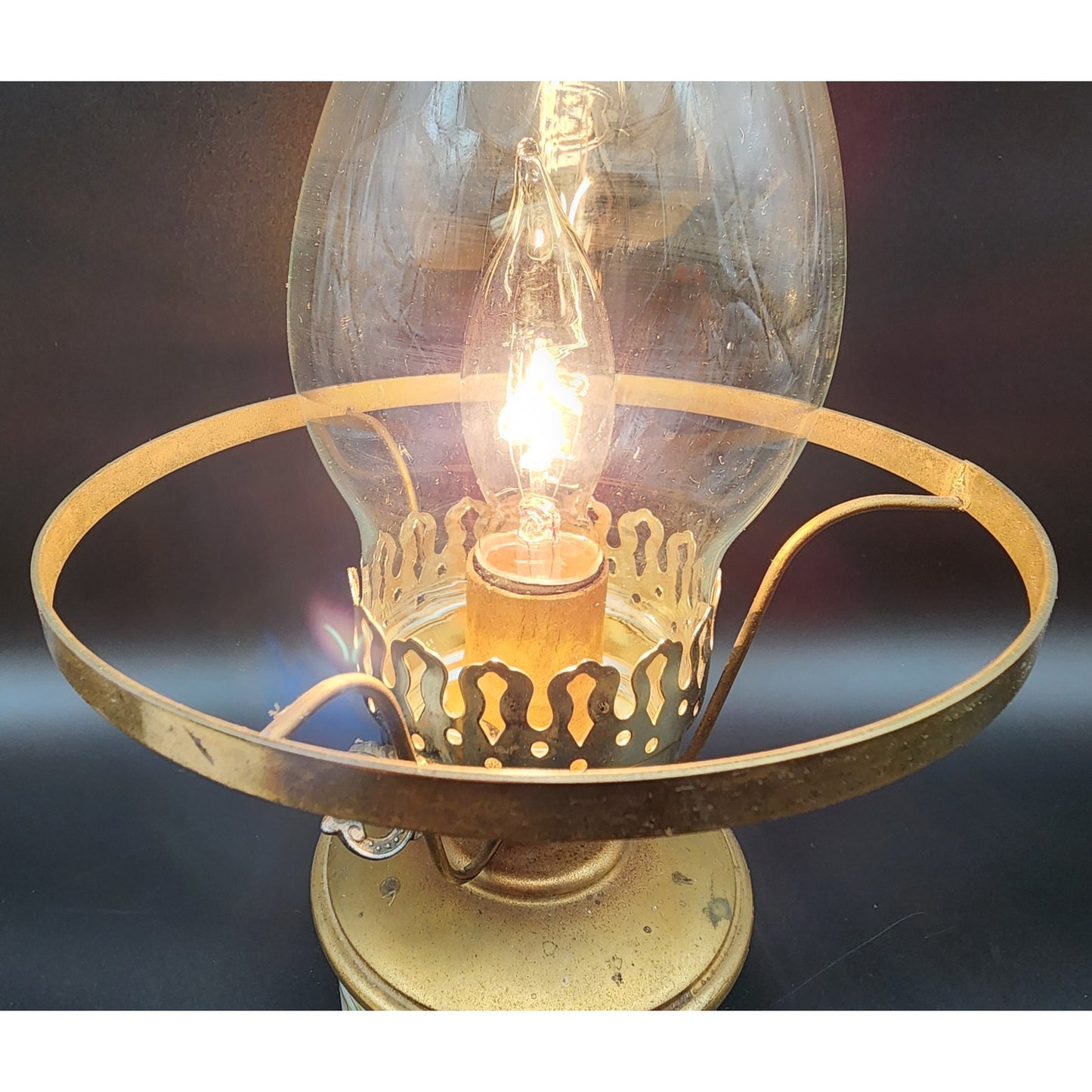 Vintage Brass Table Lamp w/ Hand‑Painted Pinecone Milk Glass Shade, 16.5"  Tall