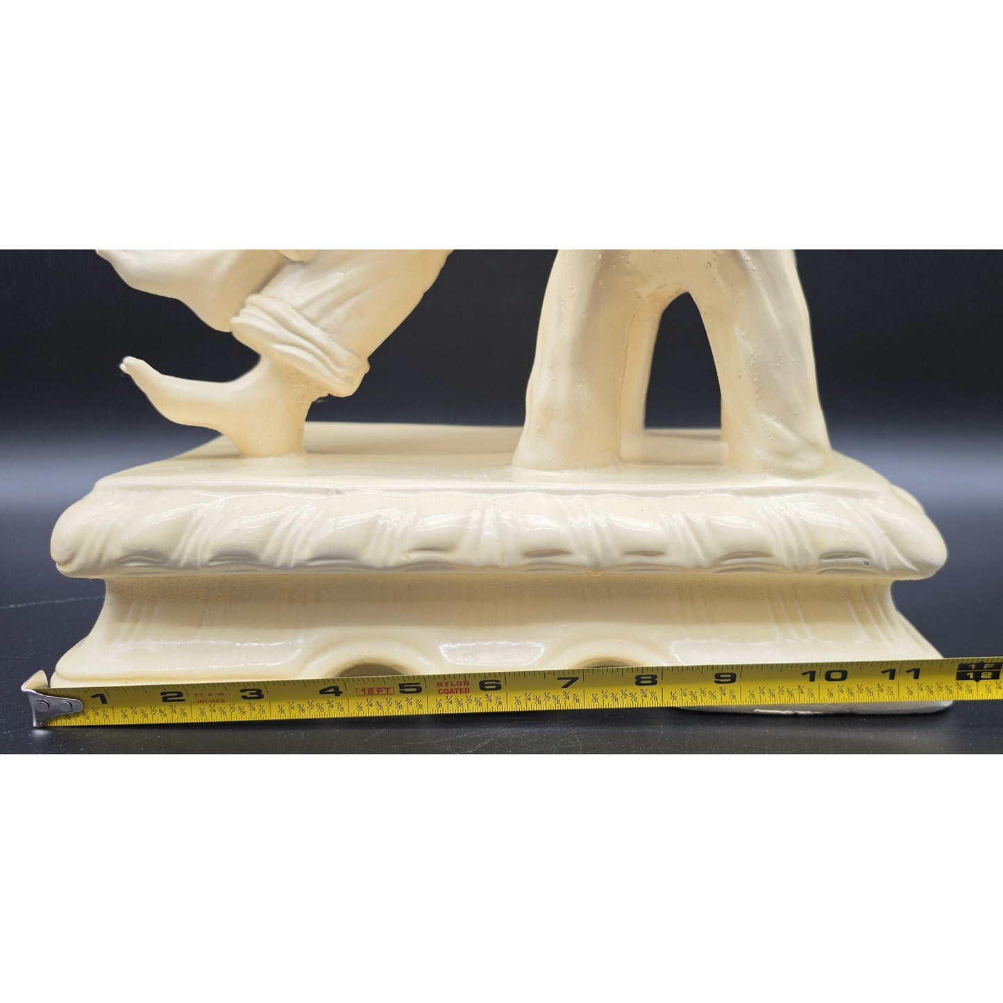 Vintage Pale Yellow Alabaster Boy Sculpture on Rustic Bench 18.5" 11 lbs