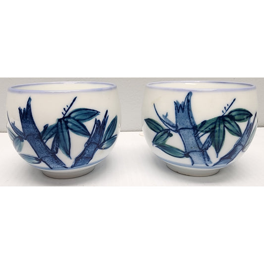Vintage Japanese Porcelain Rice Bowls Set of 2 Blue Rim Hand Painted 3" Heavy