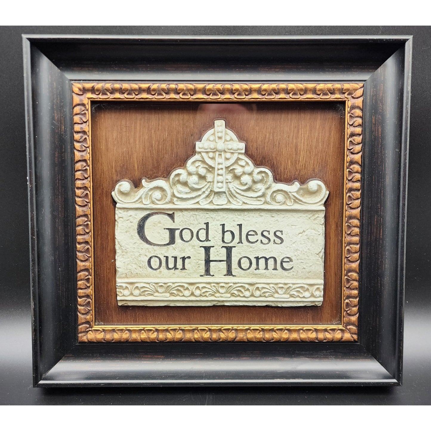 2009 “God Bless Our Home” Framed Shadowbox – Faux Walnut & Gilt, 14x13, Ready