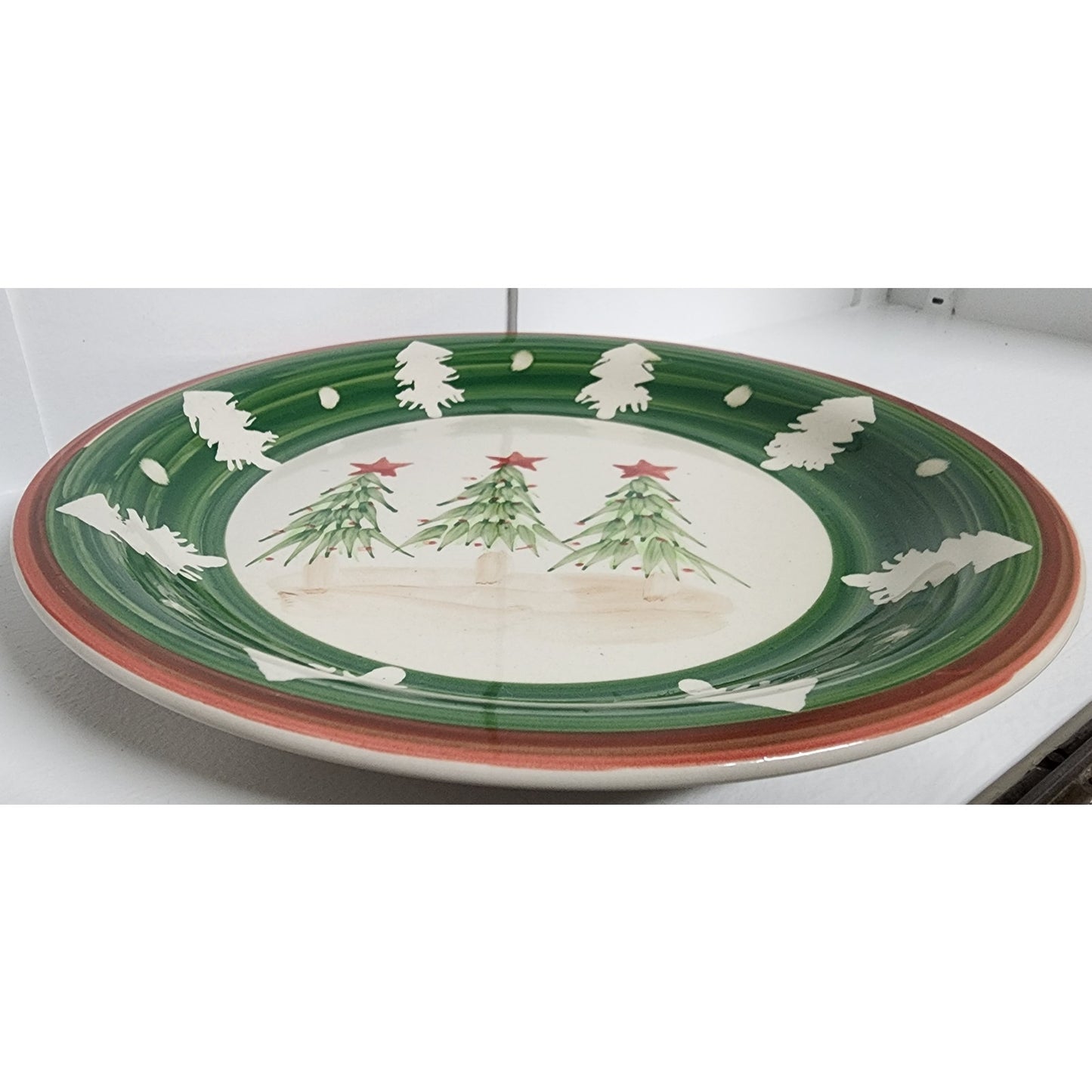 VTG Chinese Stoneware Christmas Dinnerware Set Hand Painted Trees 24 Pc - Rare