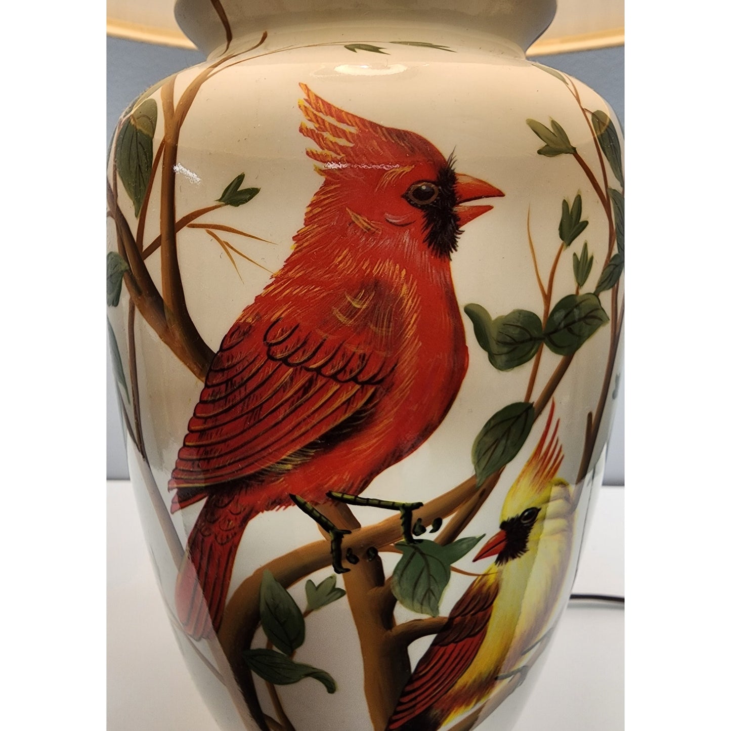 Vintage Ceramic Bird Lamp 24.5" – Cardinal & Goldfinch – Tree Finial, Wood Bas