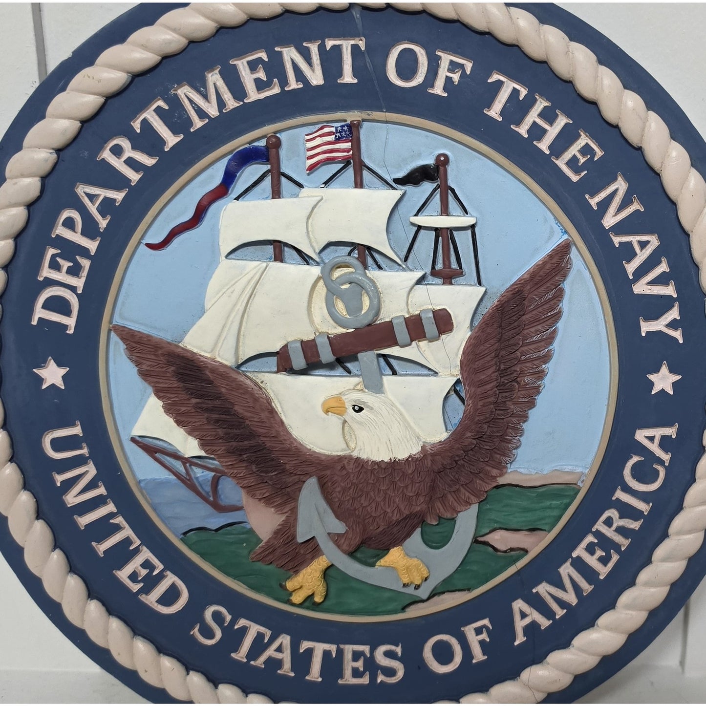 Vintage Dept. of the Navy Embossed Concrete Plaque – Hand Painted – Repaired