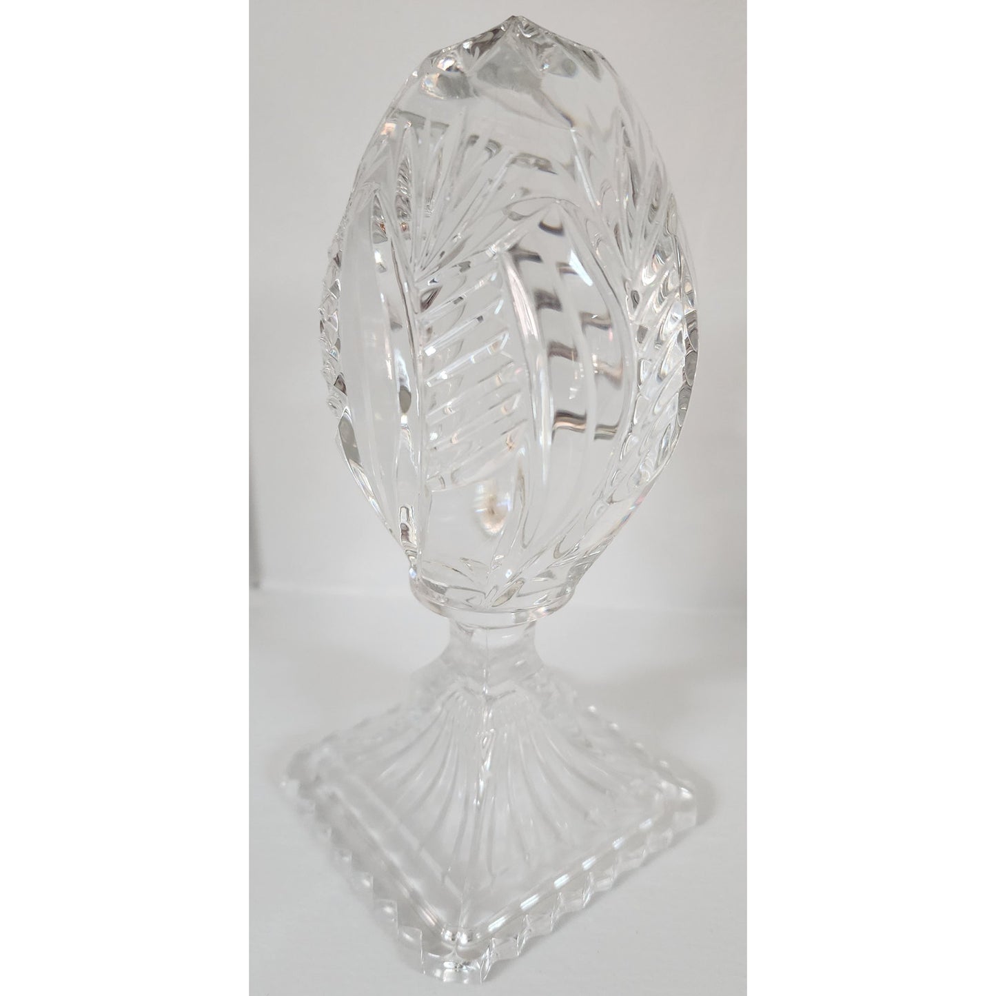 Vintage Lead Crystal Cut Glass Egg on Pedestal Base 7.25" Starburst & Leaf Motif
