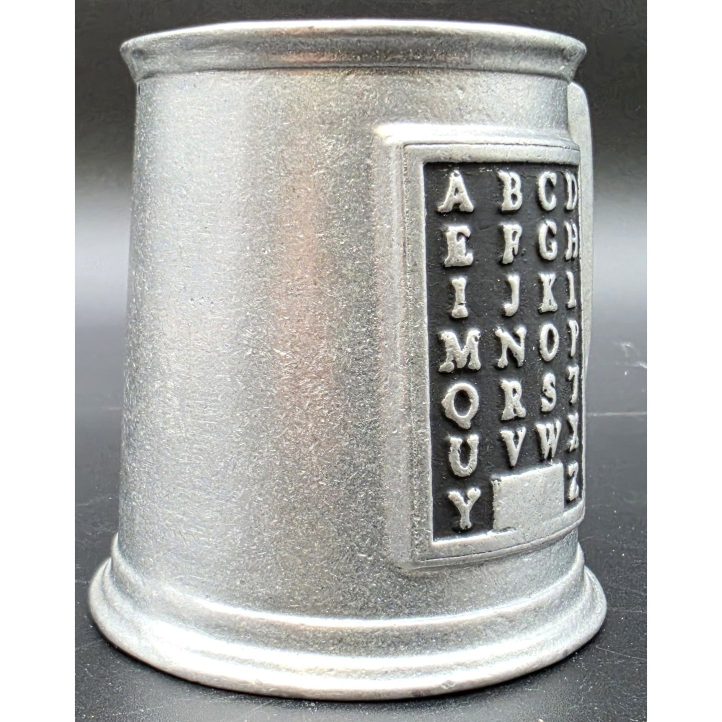 Vintage Solid Pewter Alphabet Cup Mug Heavy Metal ABC Hornbook Sampler Style