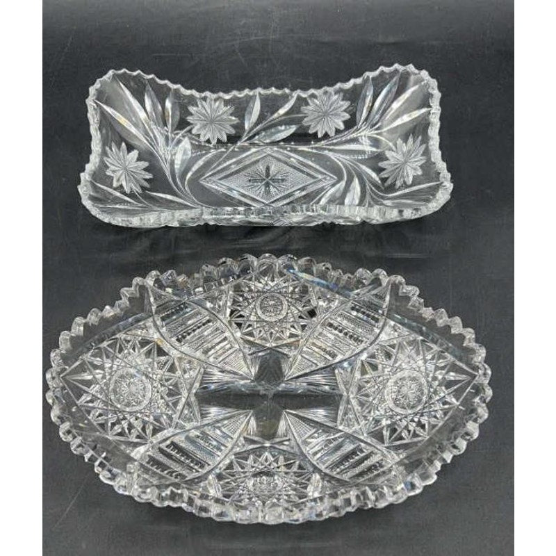 VTG Violetta Lead Crystal Bowl & Libbey Cut Glass Oval Serving Dish Starburst