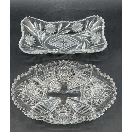 VTG Violetta Lead Crystal Bowl & Libbey Cut Glass Oval Serving Dish Starburst