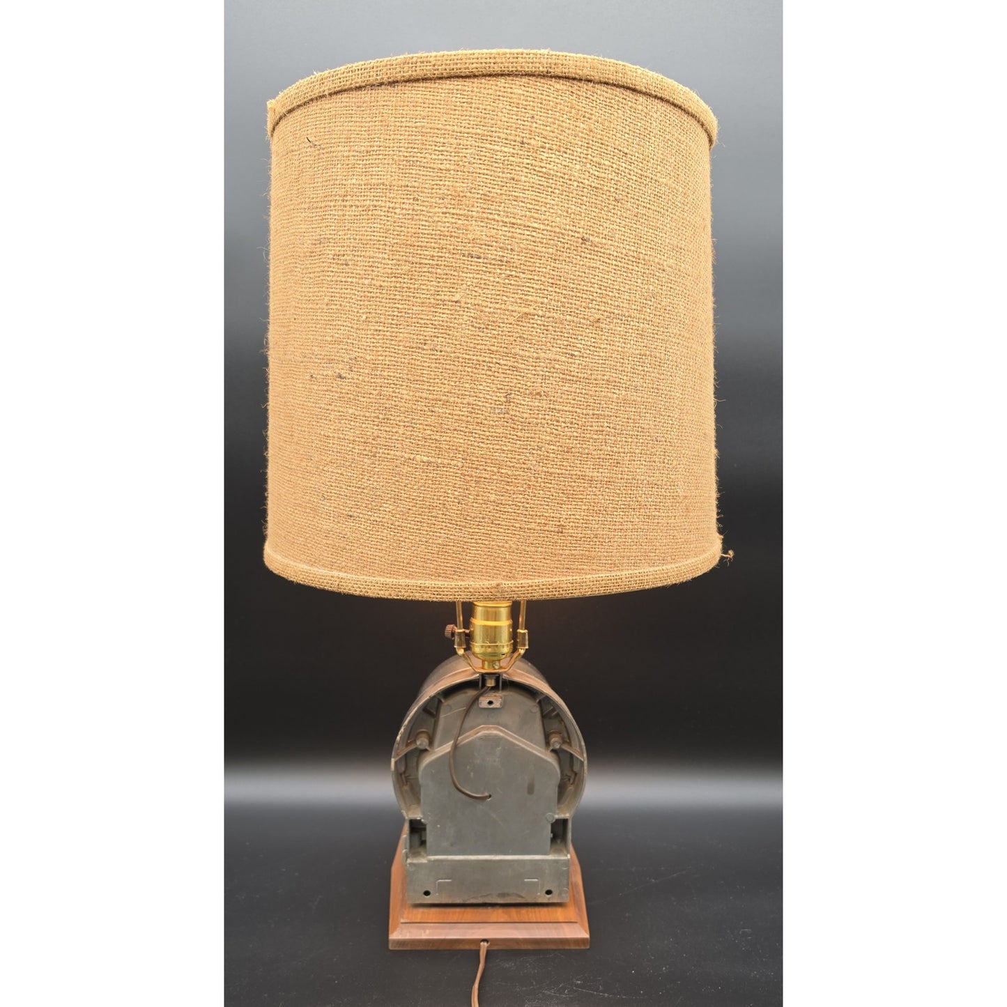 Vintage 24.5" GE KWH Meter 3‑Way Lamp w/ Burlap Shade & Wood Base Works - Rare