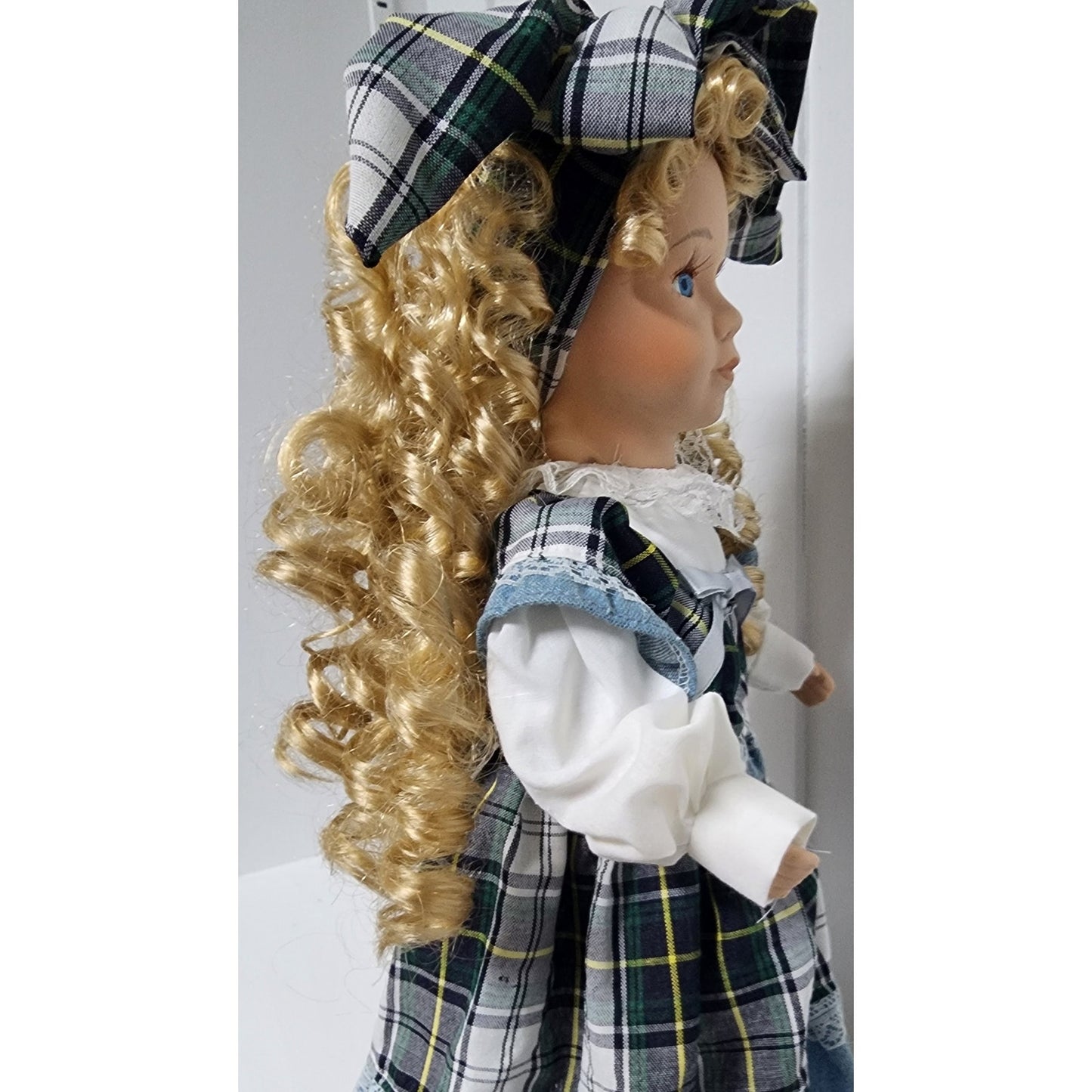 Vintage Tender Heart Treasures Porcelain Doll Plaid Dress Blonde Curls w/ Stand