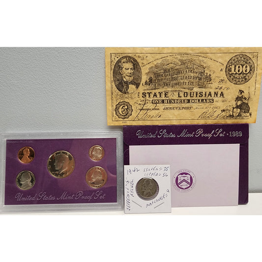 1989 U.S. Proof Set + 1863 LA 100 Confederate Note Repro + 1942-S Silver Nickel
