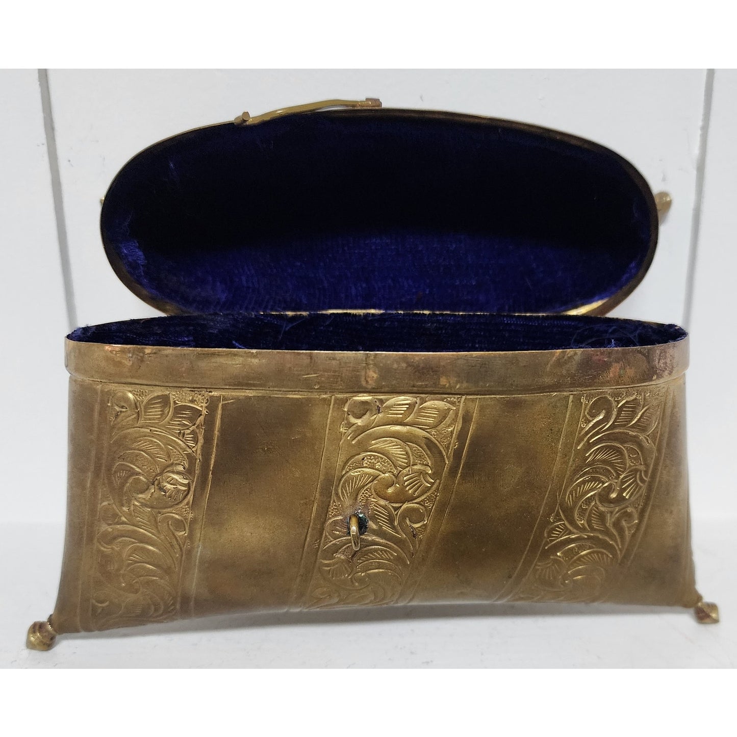 Vintage Brass Pillow Purse w/ Engraved Panels & Purple Velvet Lining