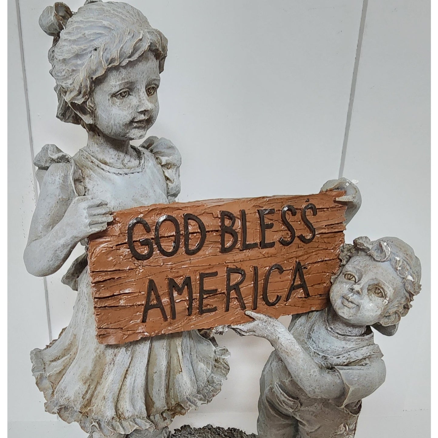Vintage Resin Children Figurine Holding “God Bless America” Sign 11.5" Patriotic