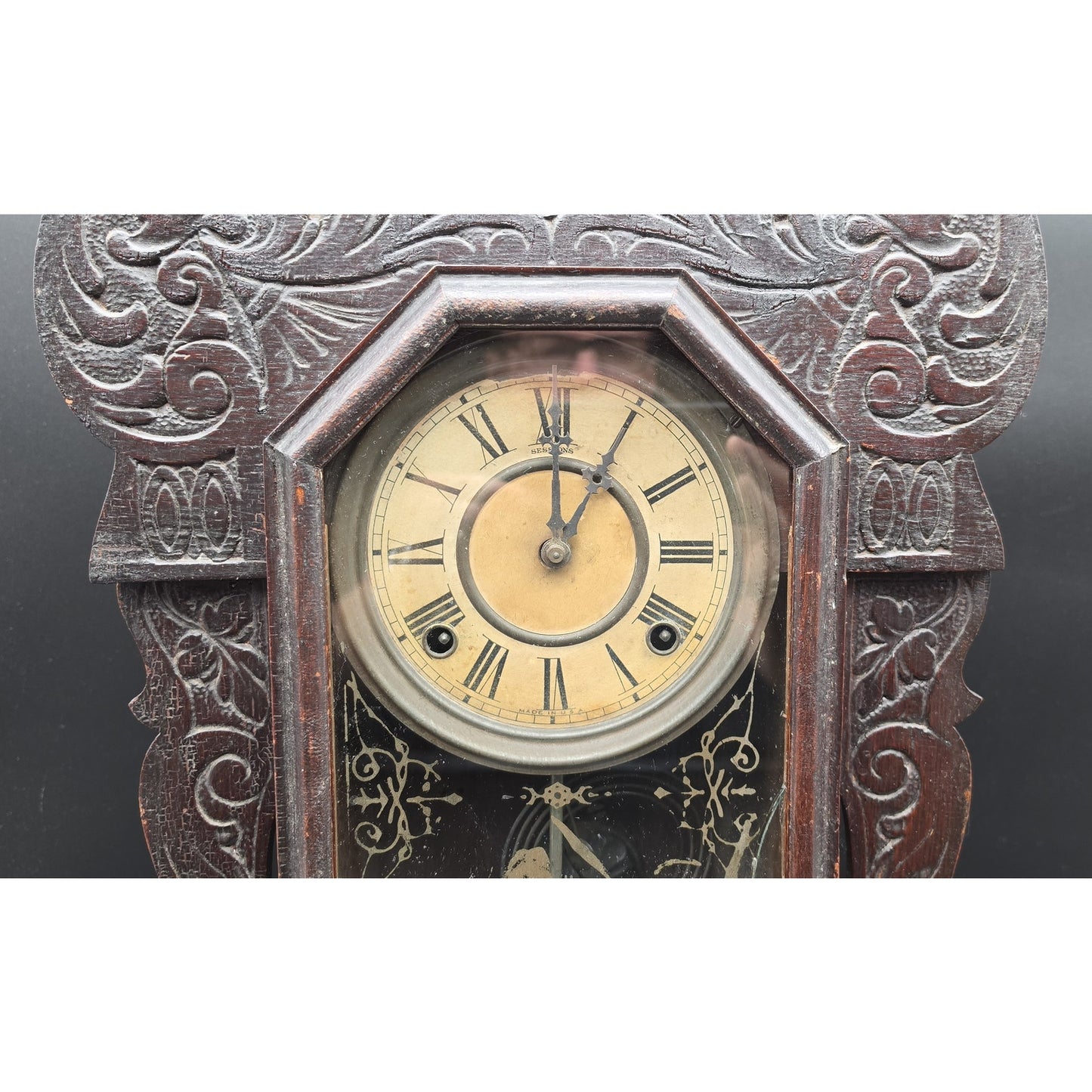 Vintage Sessions Regulator Clock Dual Wind Wood Case Ornate Carved w/ Key