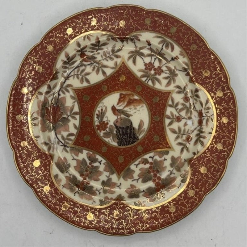 Antique C.F. Boseck Haida Austria Plates Pair Red Gold Scalloped 8" Japanesque