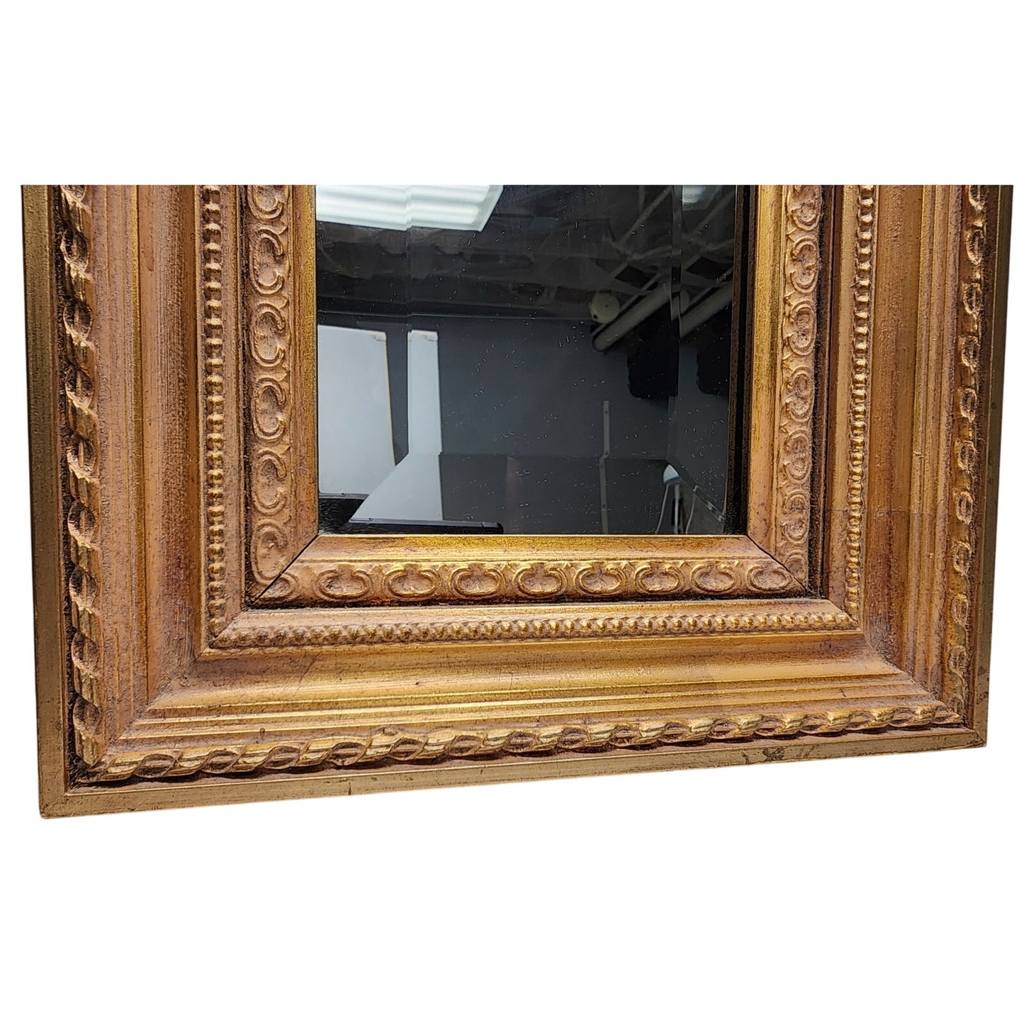 Vintage Beveled Glass Mirror – Ornate Gold Wood Frame, 44” Tall Elegant Design