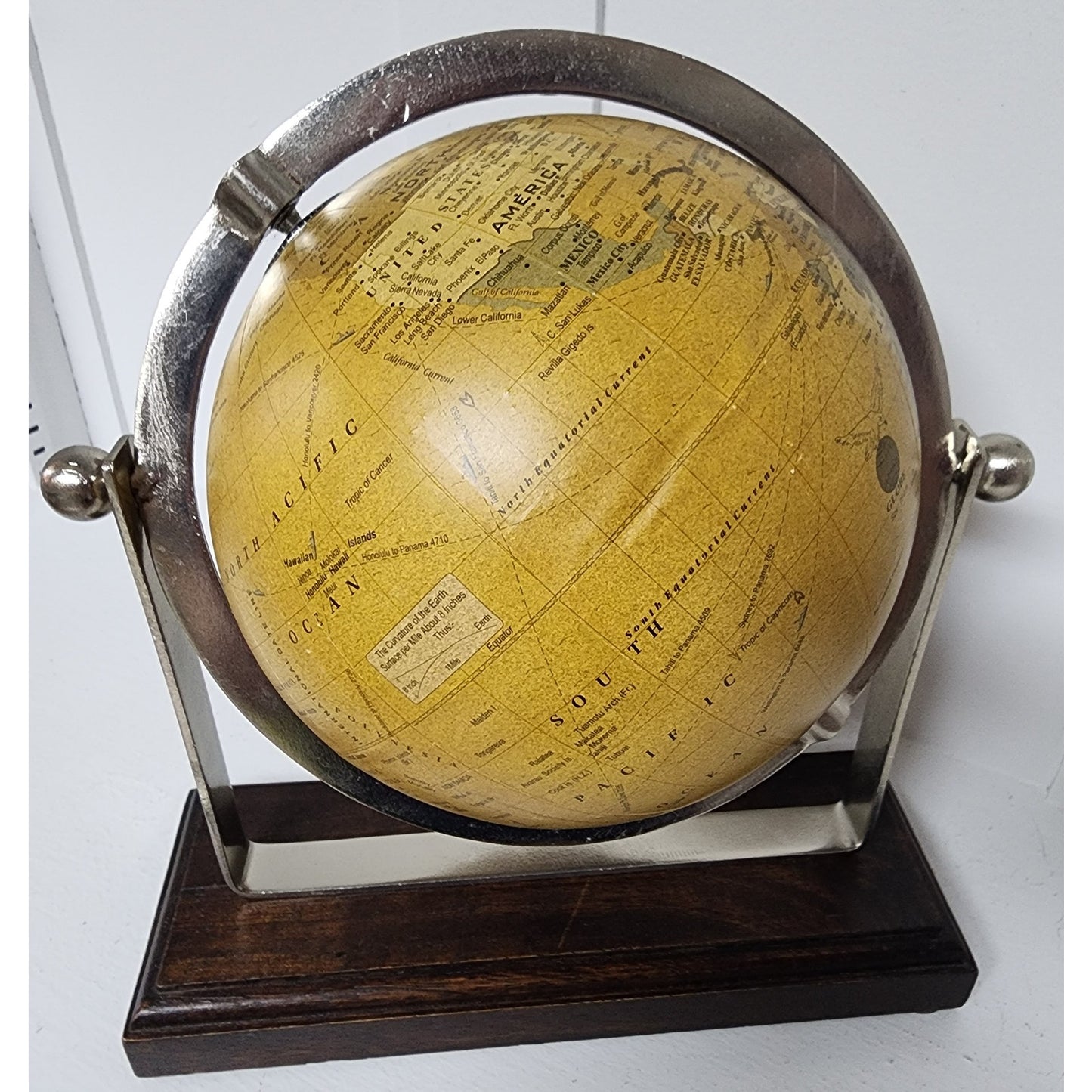 Vintage 360° Rotating World Globe on Walnut Base w/ Nickel Axis Rings