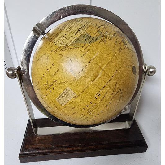 Vintage 360° Rotating World Globe on Walnut Base w/ Nickel Axis Rings