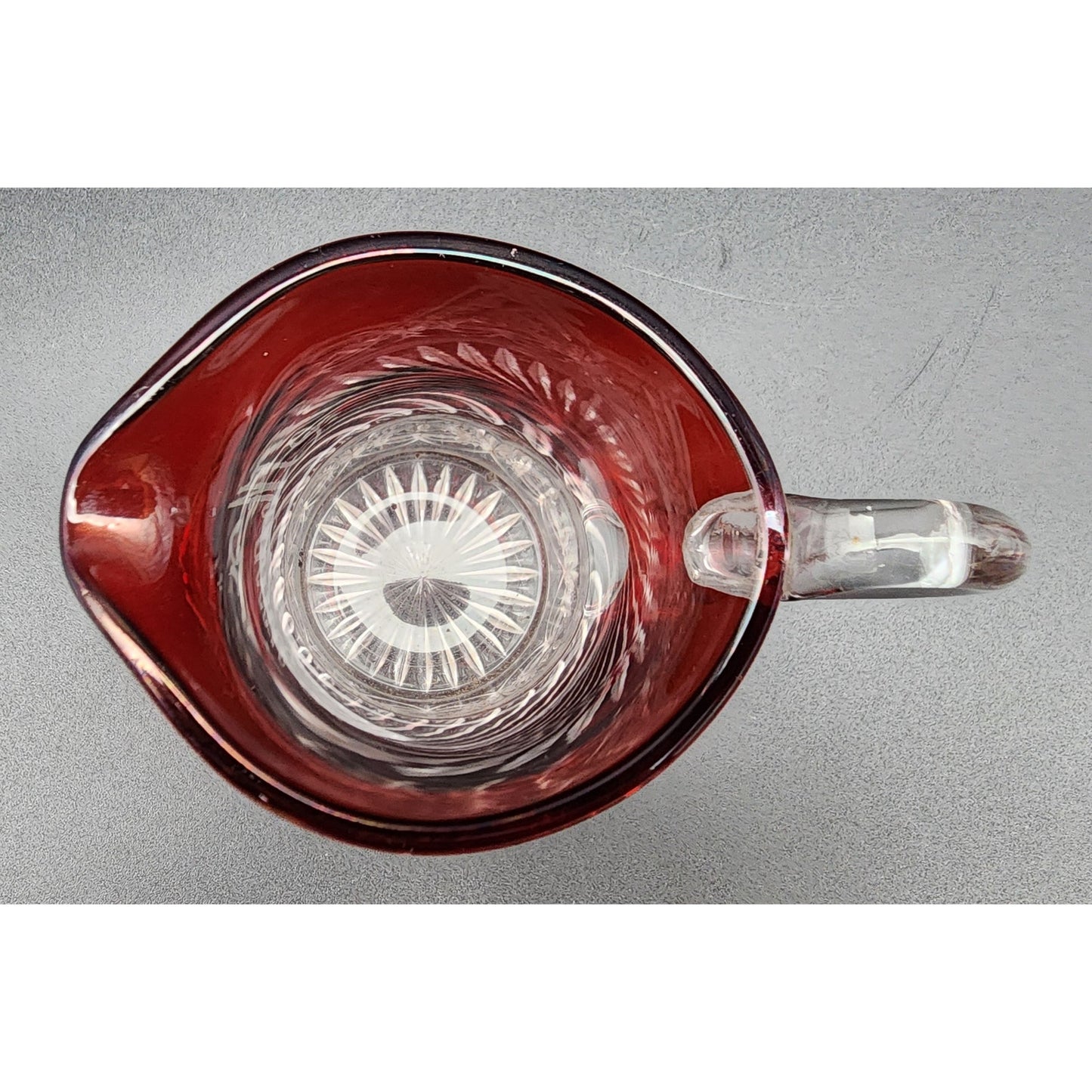 1903 Ruby Stained Cut Glass Pitcher Souvenir Etched Name 4.25” Antique