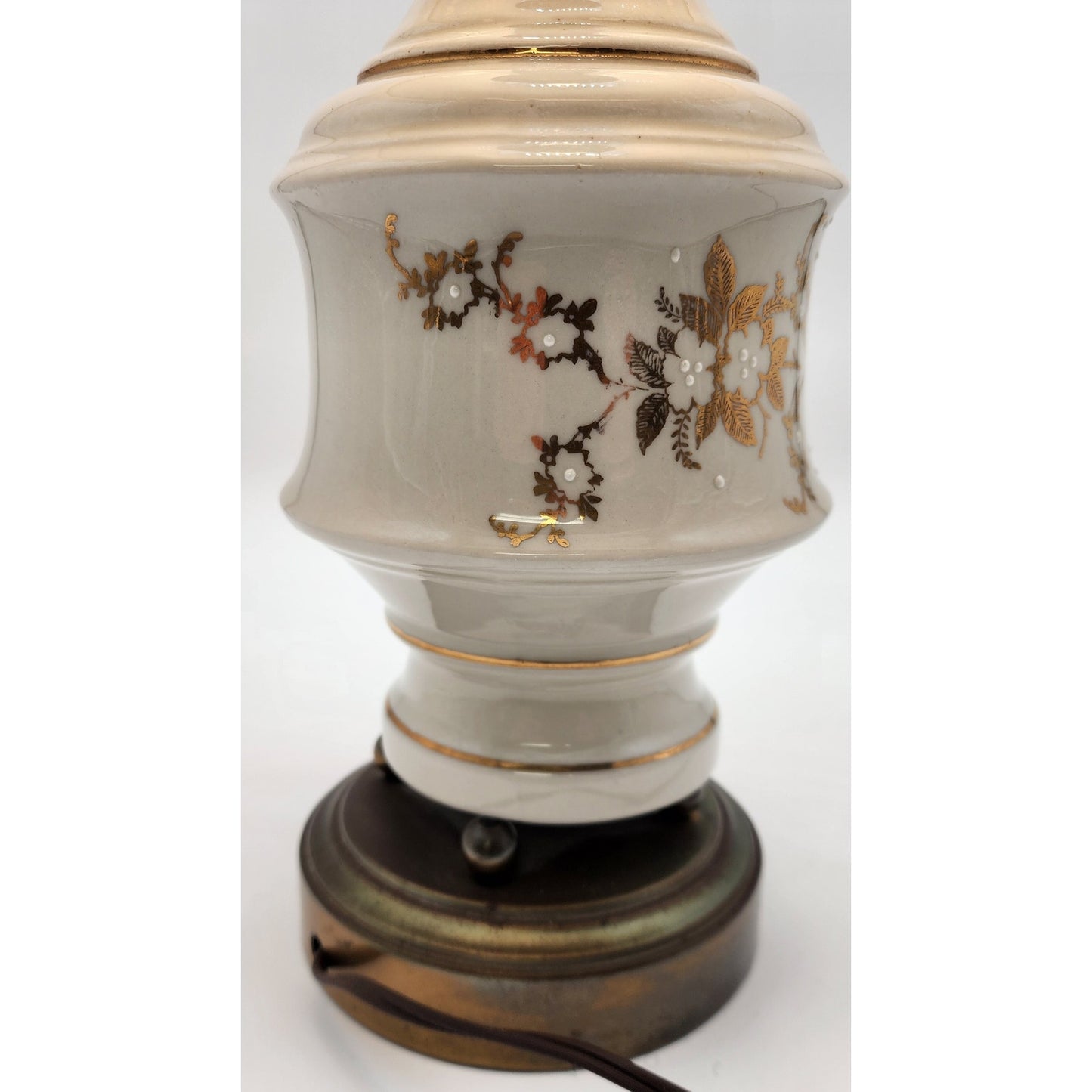 Vintage Asian Ceramic Lamp Gold Floral Relief w/ Tassel Shade 31" Tall Works
