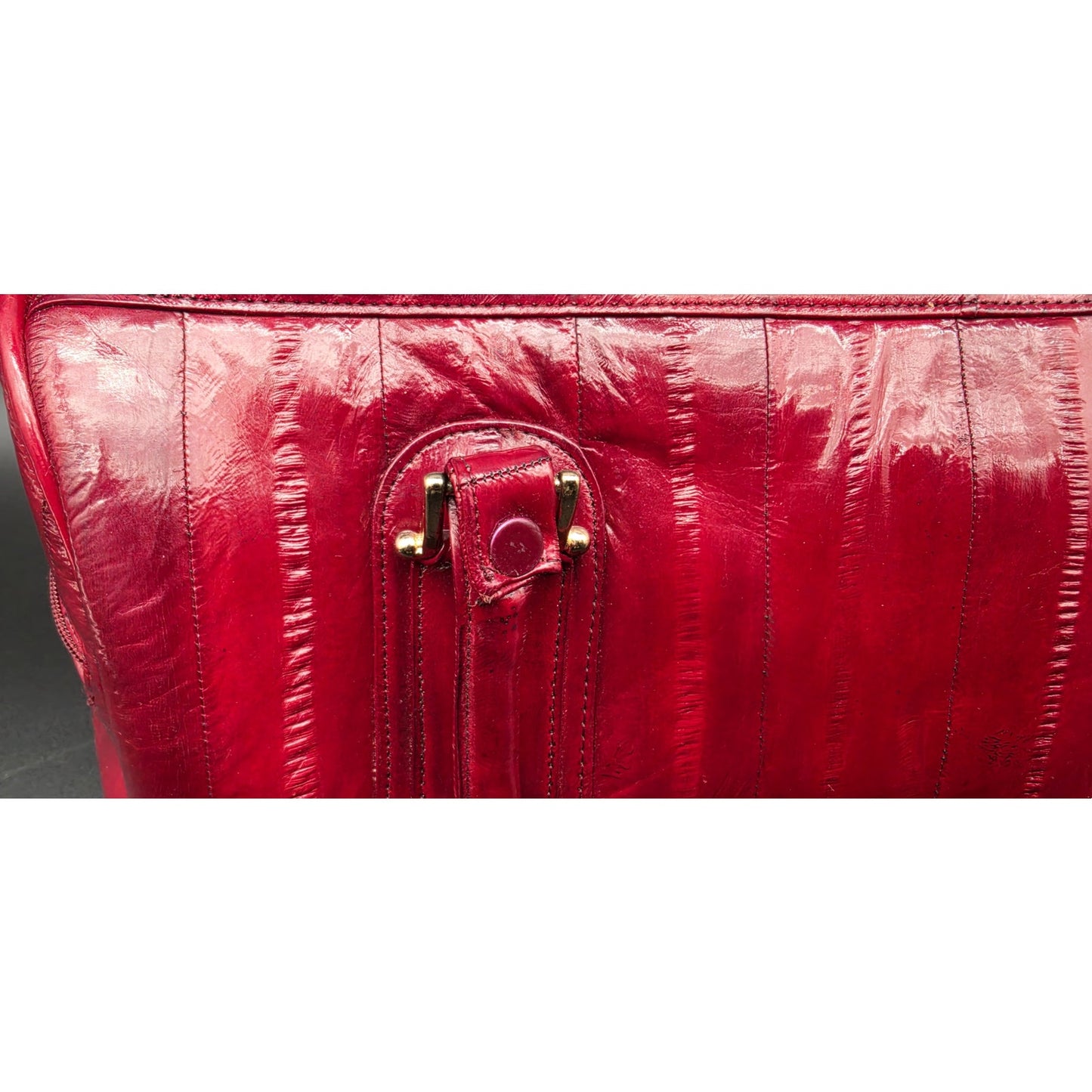 Vintage Genuine Eel Skin Burgundy Handbag Korea w/ Strap & Brass Hardware