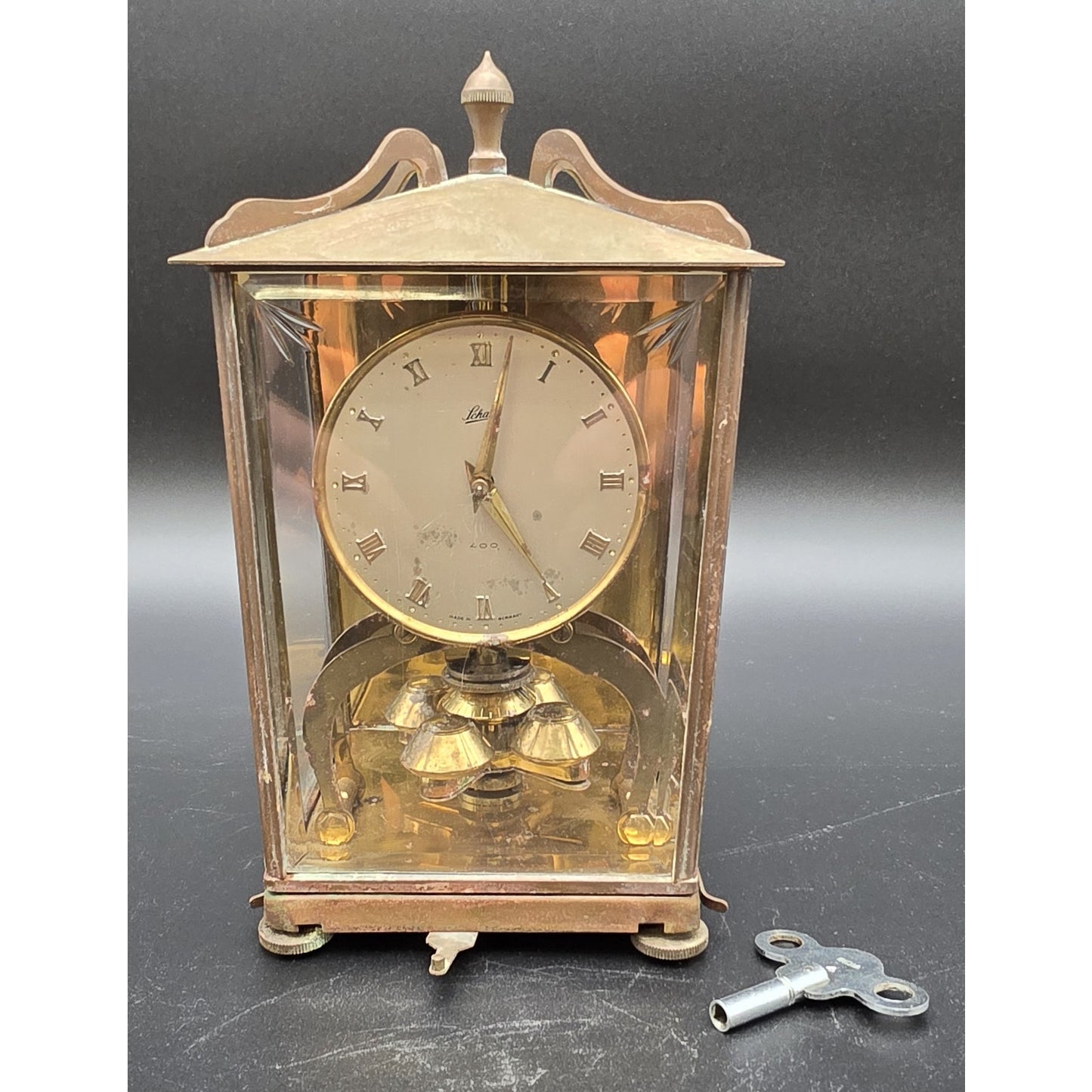 Vintage Schatz 400‑Day Torsion Clock Germany Brass & Glass Case w/ Key – Repair