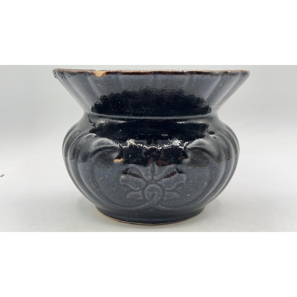 VTG Glazed Stoneware Spittoon Floral Pattern 7" Dark Glaze w/ Repair