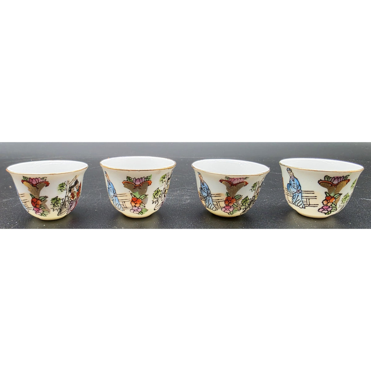 Vintage Hand Painted Porcelain Sake Tea Set 22K Gold Gilt Red Brocade Box Set