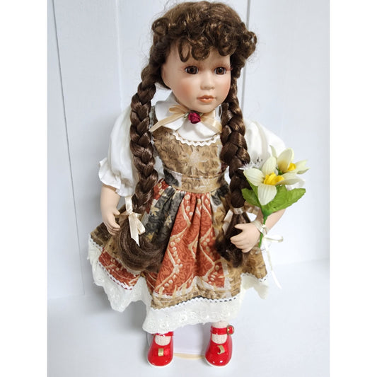Heritage Mint Porcelain Doll “Sitting Pretty” 16” Collectible  VTG w/ Flowers