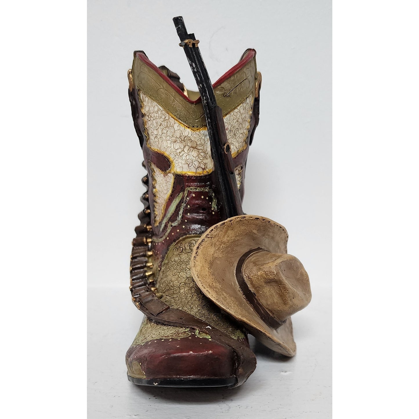 Vintage Handpainted Western Boot Figurine w/ Hat & Rifle Resin Hand Painted 5.5"