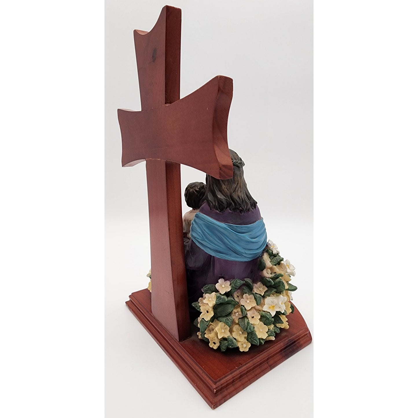 Jesus & Child Figurine w/ Cross, Violin, Books – 12.25" Hand Painted Wood Base