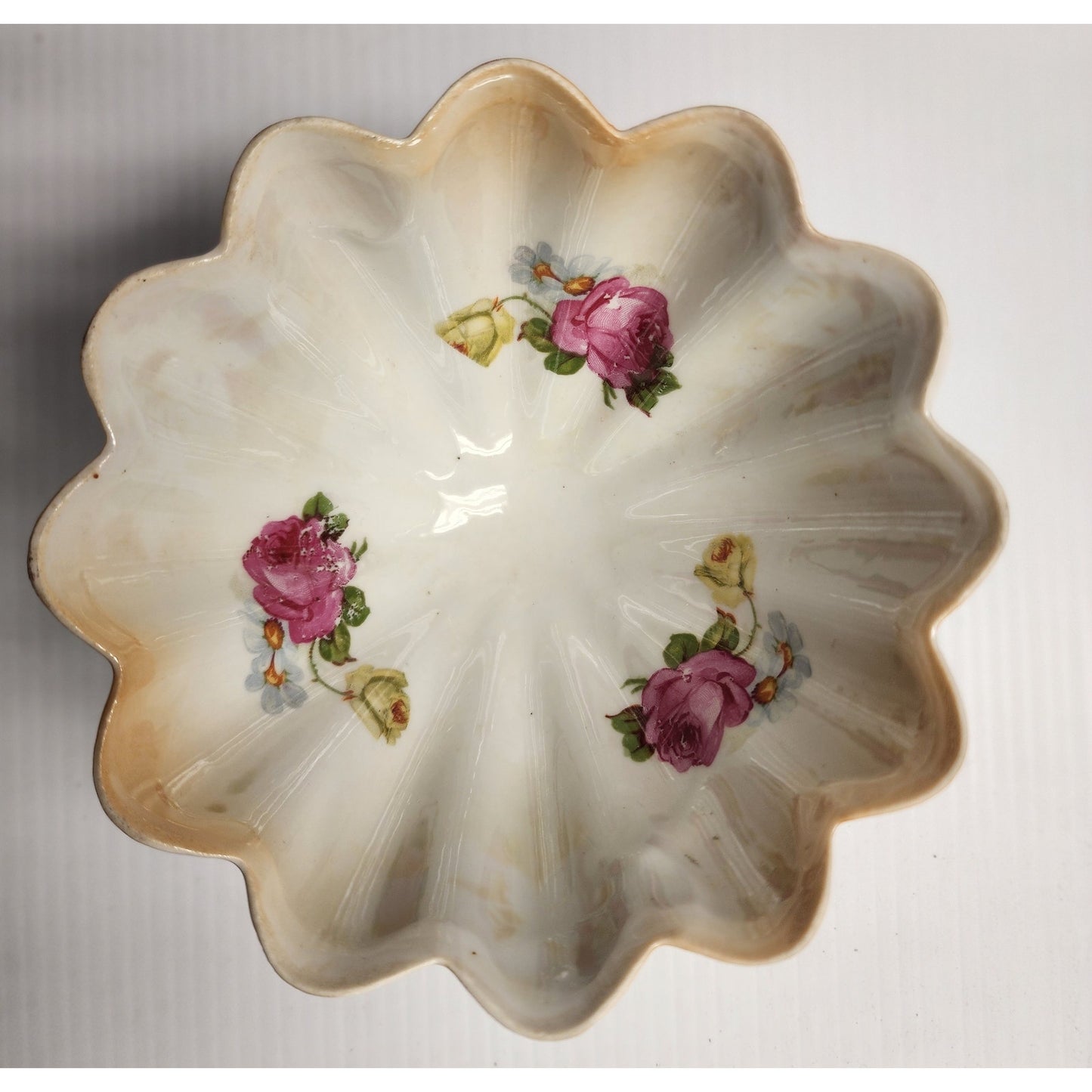 Antique German Hand Painted Porcelain Bowl Set 3pc Floral Scalloped Pedestal