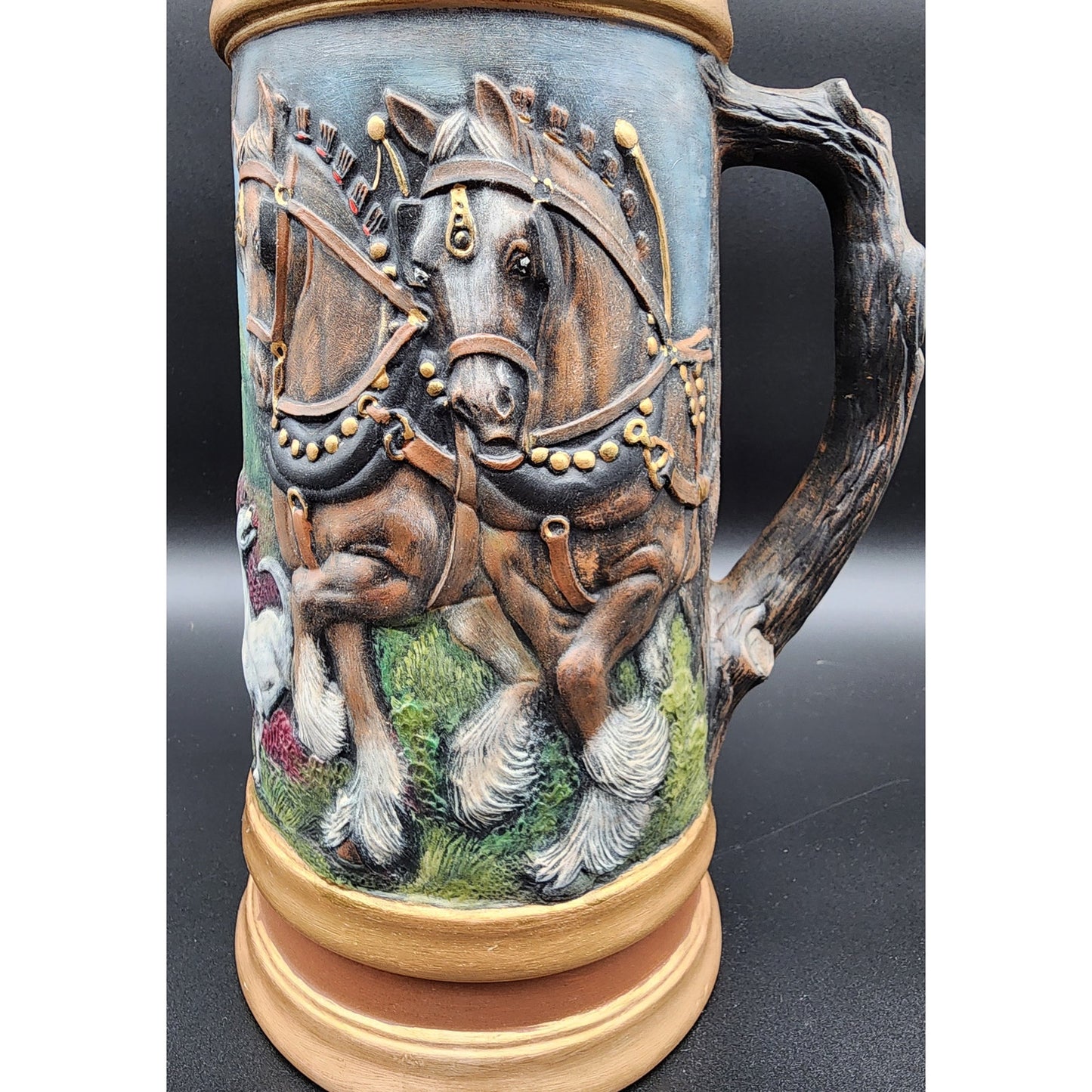 Vintage 18.5" German Horse Head Lidded Beer Stein Raised Relief Hand Painted