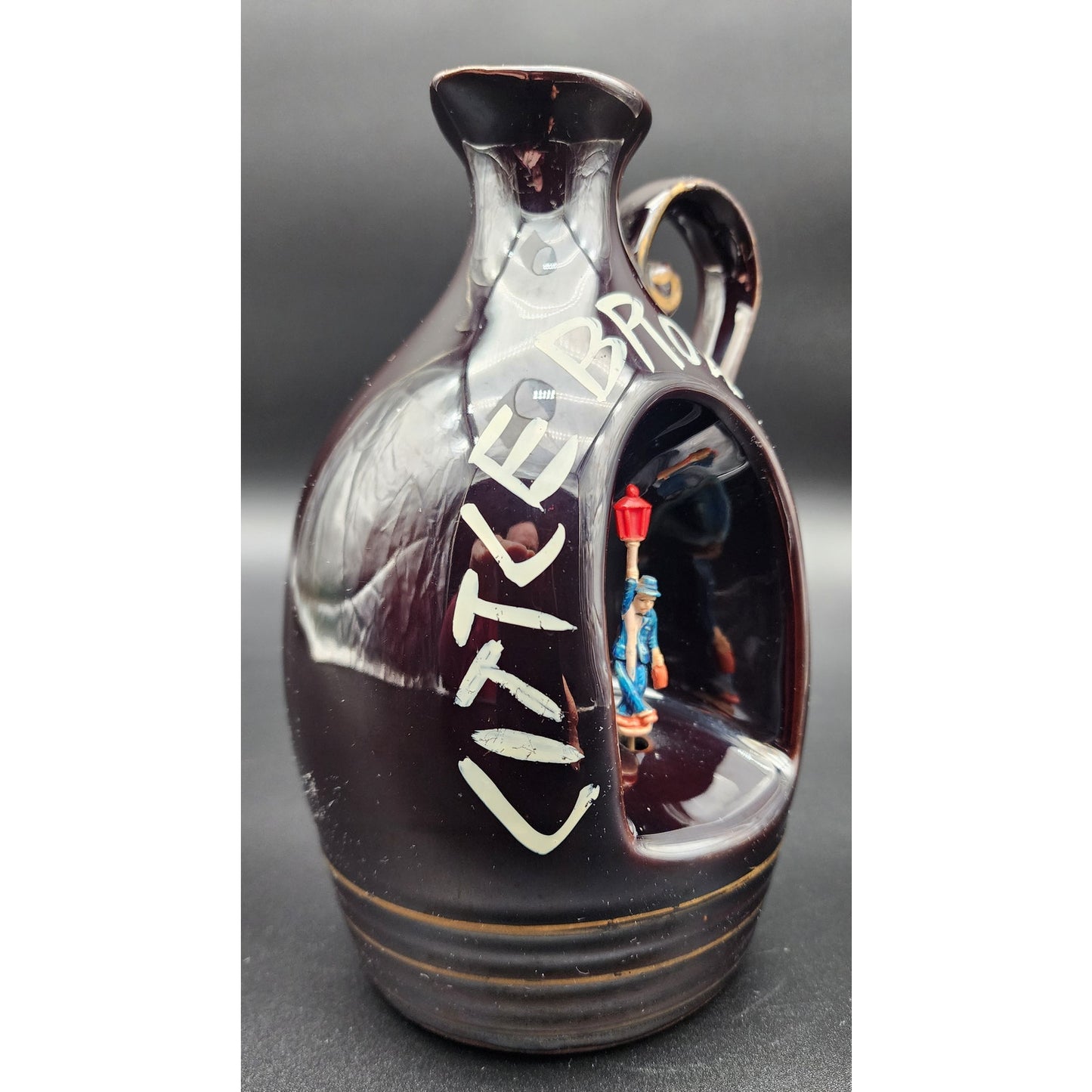 Vintage Little Brown Jug Music Box Japan Man & Lantern Rotating Figurine