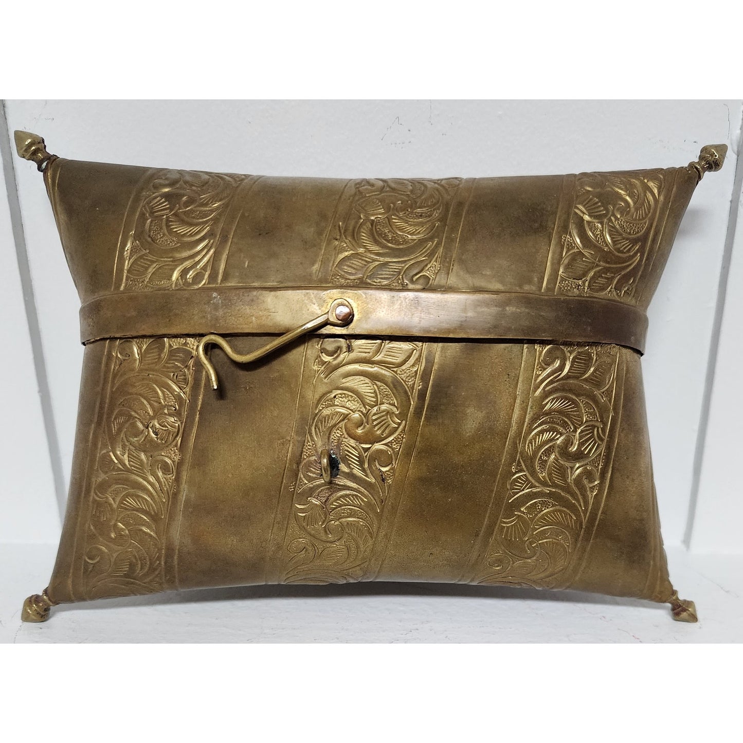 Vintage Brass Pillow Purse w/ Engraved Panels & Purple Velvet Lining