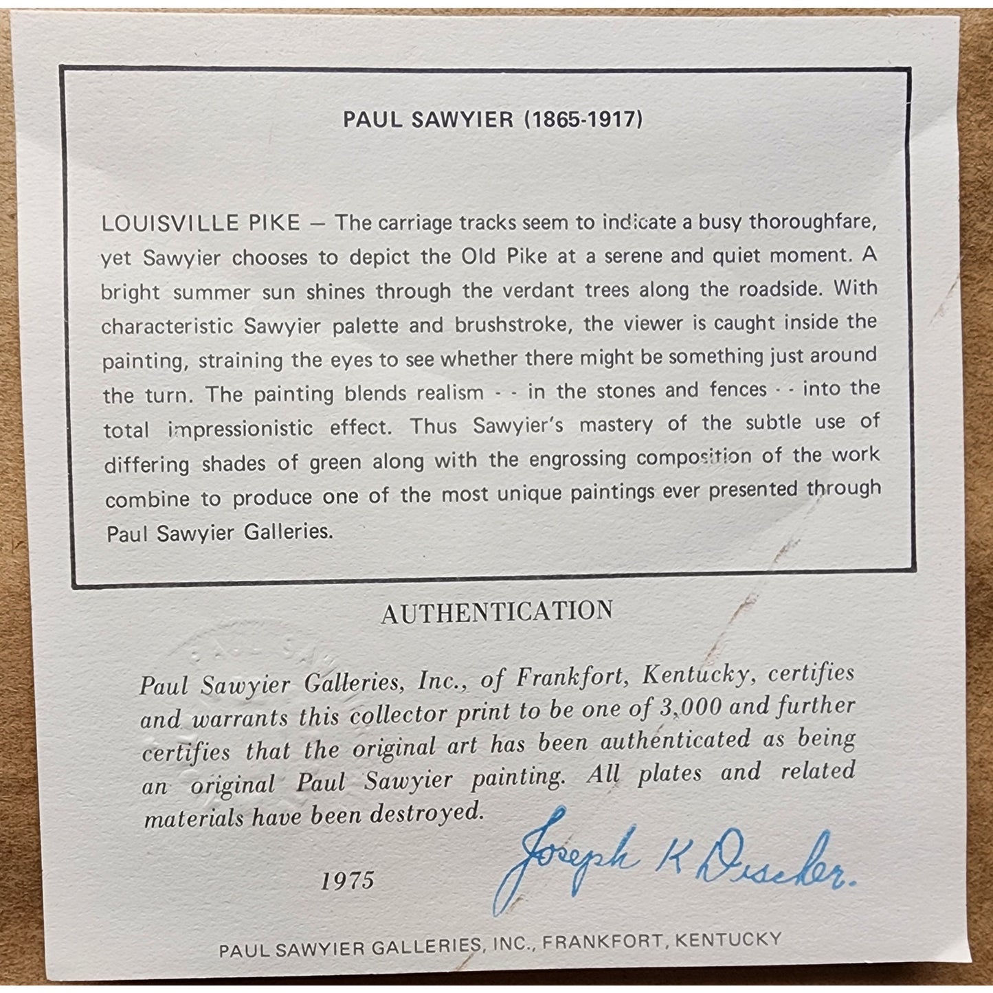 Paul Sawyier “Louisville Pike” Lithograph Framed w/ Double Mat, VTG