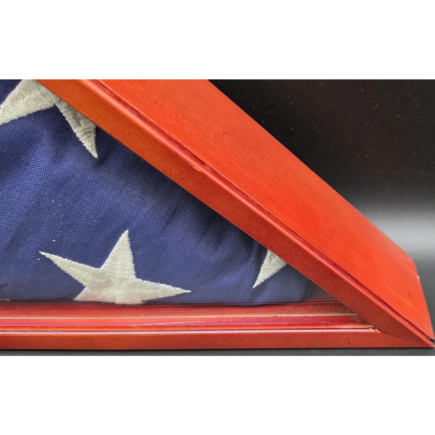 Vintage US Veteran Burial Flag in Solid Wood Triangular Display Case