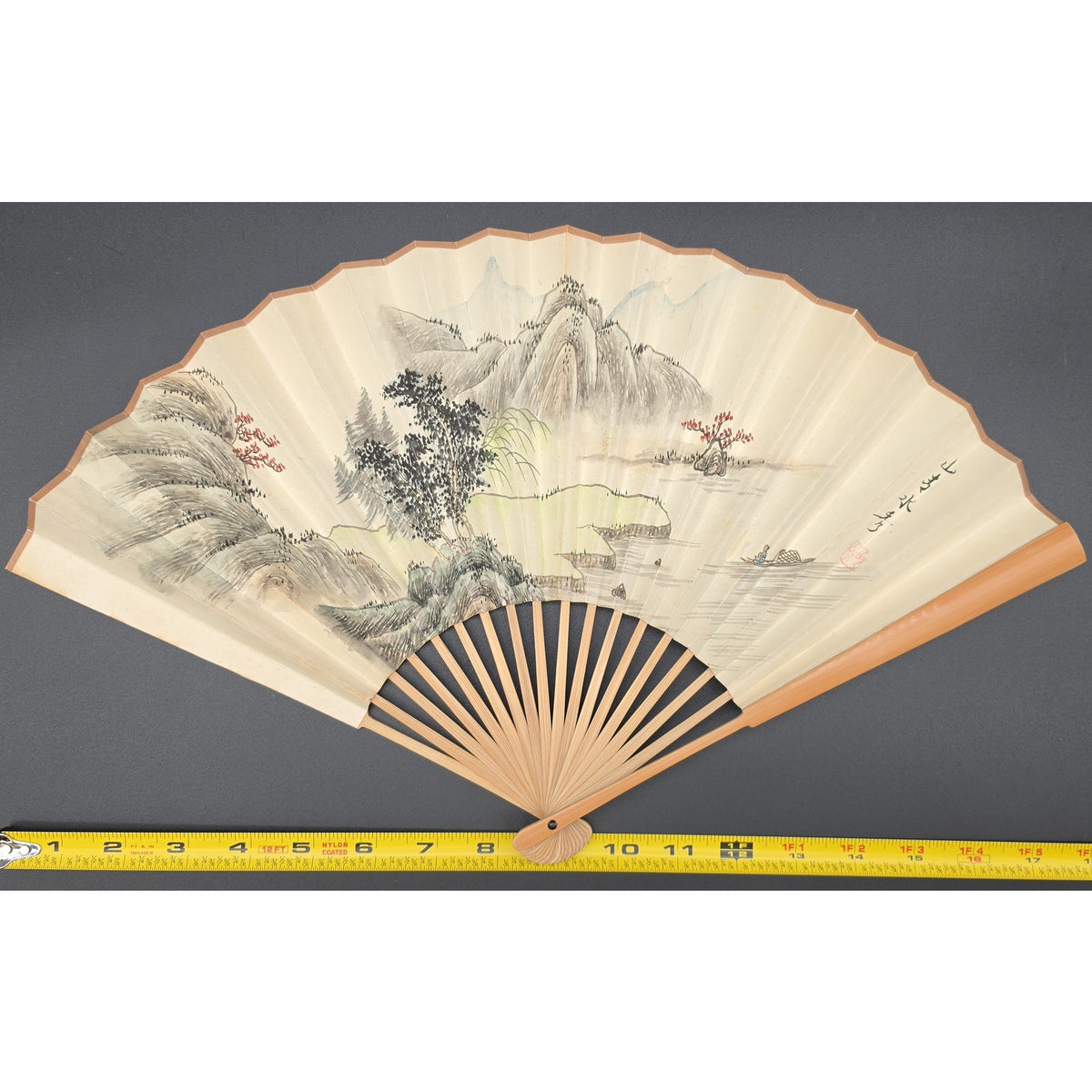 Vintage Chinese Hand Painted Landscape Folding Fan Calligraphy Poem Bamboo Frame