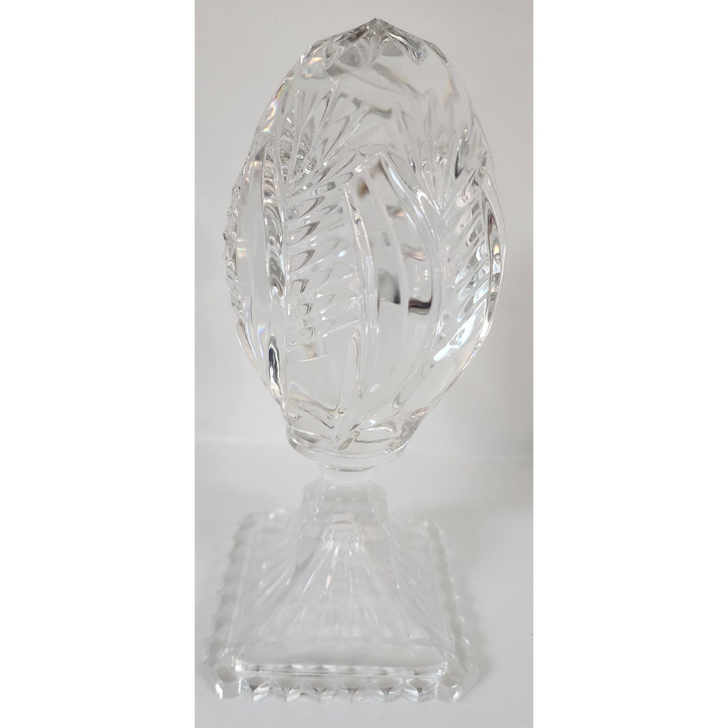 Vintage Lead Crystal Cut Glass Egg on Pedestal Base 7.25" Starburst & Leaf Motif
