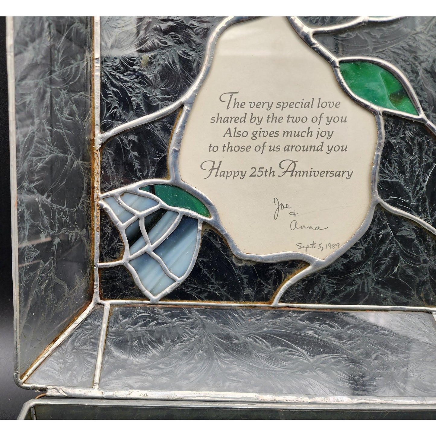 Stained Glass 25th Anniversary Keepsake Box Green Leaves Butterfly 10.75" Heavy
