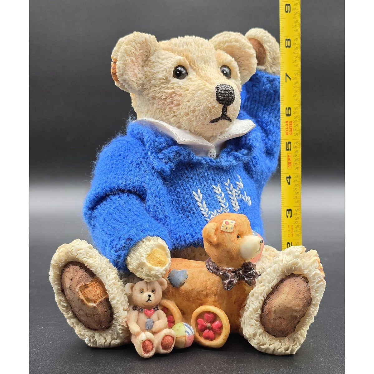 Vintage UK Bear Figurine Knit Royal Blue Sweater Cross Stitch UK Basketballs 8"